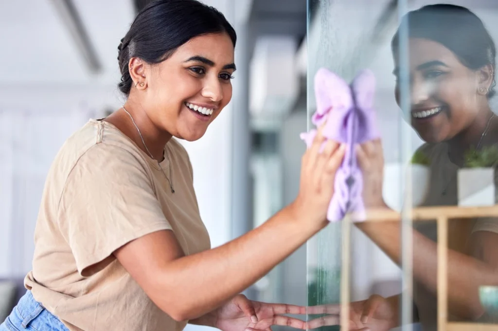 A woman wiping the glass